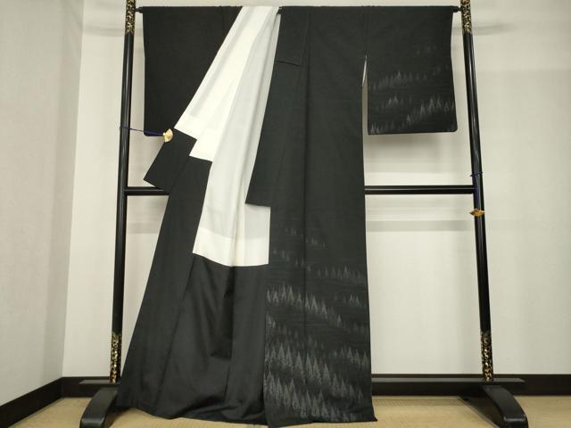 平和屋着物●赤城紬　訪問着　草木染　樹林文　織里　黒地　反端付き　正絹　逸品　AABF9667ck