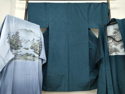 平和屋着物●男性　紬　アンサンブル　長襦袢(袷)セット　鉄納戸色　三越扱い　正絹　逸品　AABF9672ck