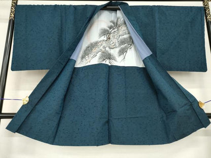 平和屋着物●男性　紬　アンサンブル　長襦袢(袷)セット　鉄納戸色　三越扱い　正絹　逸品　AABF9672ck