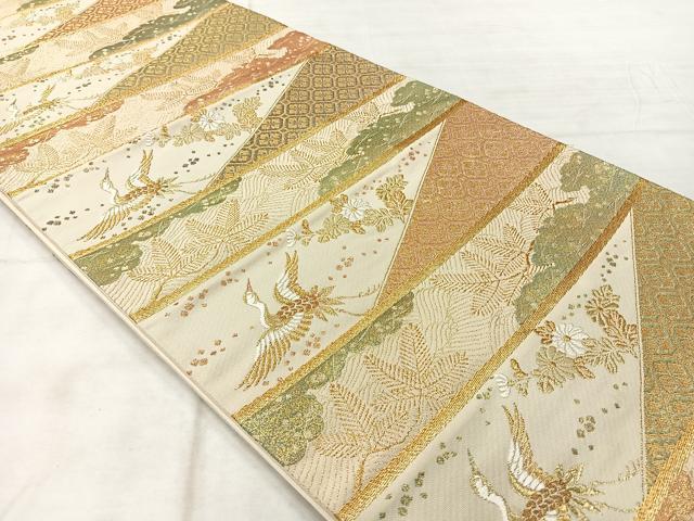 平和屋着物◎六通柄袋帯　唐織　横段飛鶴松文　金糸　正絹　逸品　AABF9691uk