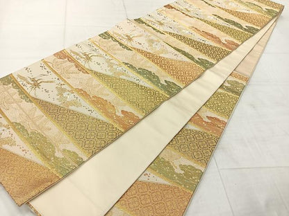 平和屋着物◎六通柄袋帯　唐織　横段飛鶴松文　金糸　正絹　逸品　AABF9691uk