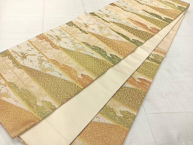 平和屋着物◎六通柄袋帯　唐織　横段飛鶴松文　金糸　正絹　逸品　AABF9691uk