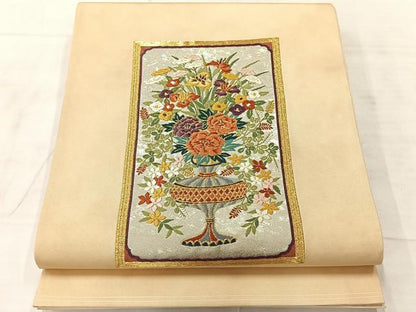 平和屋着物◎太鼓柄袋帯　唐織　飾花文　金糸　正絹　逸品　AABF9694uk