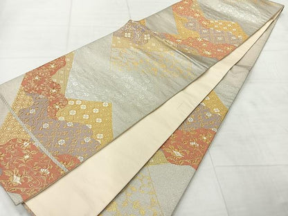 平和屋着物◎六通柄袋帯　吉祥花文　金銀糸　正絹　逸品　AABF9701uk