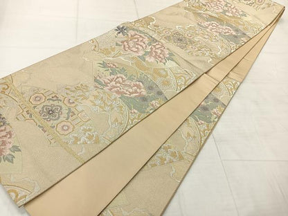 平和屋着物◎六通柄袋帯 唐織 地紙花文 金銀糸 正絹 逸品 AABF9706uk
