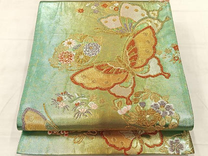 平和屋着物◎六通柄袋帯　花蝶文　金銀糸　正絹　逸品　AABF9709uk
