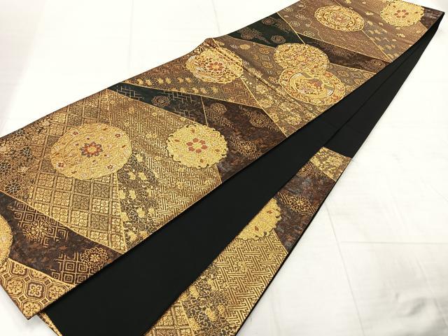 平和屋着物◎六通柄袋帯 唐織 花絵皿文 金糸 正絹 逸品 AABF9715uk