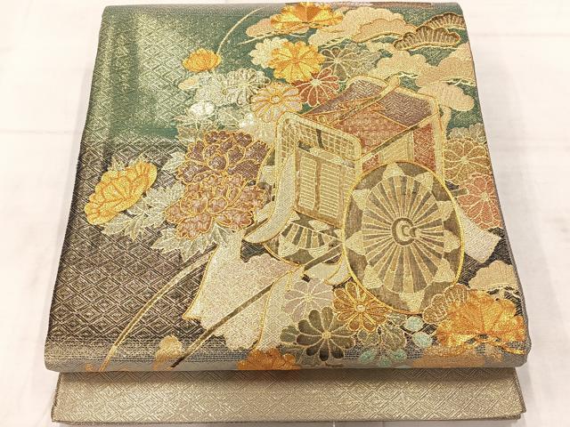 平和屋着物◎佐賀錦　太鼓柄袋帯　駒刺繍　御所車花文　金糸　正絹　逸品　AABF9719uk