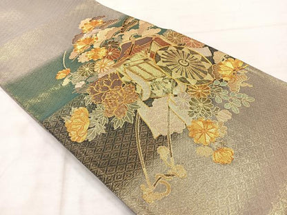 平和屋着物◎佐賀錦　太鼓柄袋帯　駒刺繍　御所車花文　金糸　正絹　逸品　AABF9719uk
