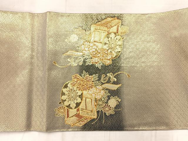 平和屋着物◎佐賀錦　太鼓柄袋帯　駒刺繍　御所車花文　金糸　正絹　逸品　AABF9719uk
