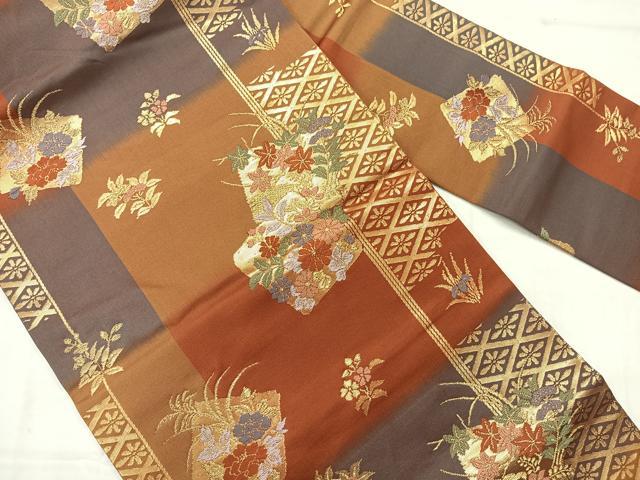 平和屋着物◎九寸名古屋帯　唐織　色紙花文　金糸　正絹　逸品　AABF9725uk