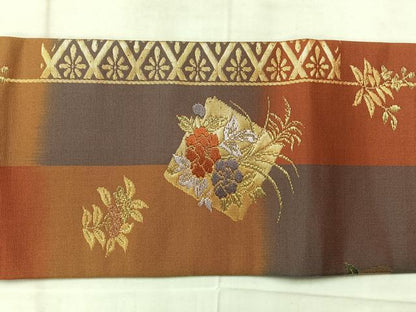 平和屋着物◎九寸名古屋帯　唐織　色紙花文　金糸　正絹　逸品　AABF9725uk