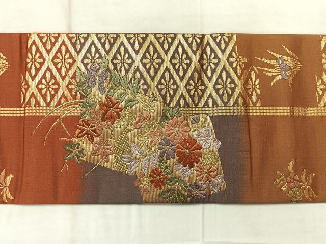 平和屋着物◎九寸名古屋帯　唐織　色紙花文　金糸　正絹　逸品　AABF9725uk