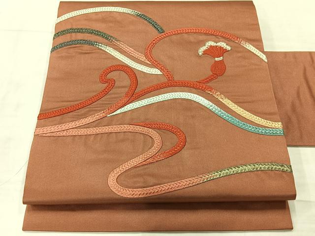 平和屋着物◎九寸名古屋帯 総刺繍 組紐 正絹 逸品 AABF9732uk