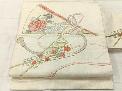 平和屋着物◎九寸名古屋帯　総刺繍　駒刺繍　扇面花文　正絹　逸品　AABF9733uk