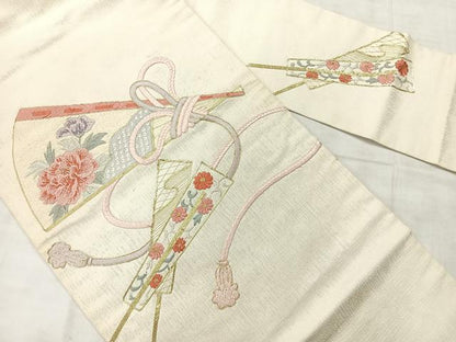 平和屋着物◎九寸名古屋帯　総刺繍　駒刺繍　扇面花文　正絹　逸品　AABF9733uk