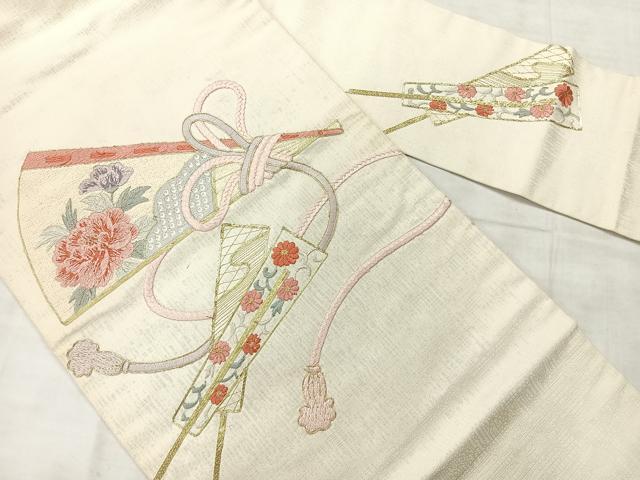 平和屋着物◎九寸名古屋帯　総刺繍　駒刺繍　扇面花文　正絹　逸品　AABF9733uk