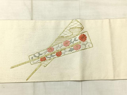 平和屋着物◎九寸名古屋帯　総刺繍　駒刺繍　扇面花文　正絹　逸品　AABF9733uk
