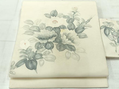 平和屋着物◎九寸名古屋帯　作家物　手描き　草花文　正絹　逸品　AABF9749uk