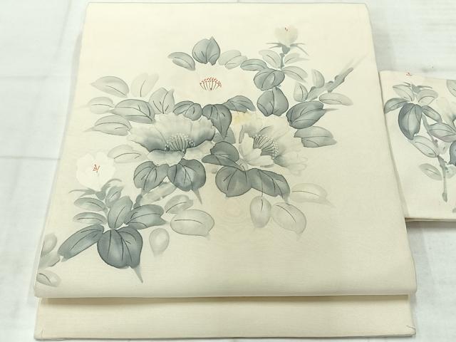 平和屋着物◎九寸名古屋帯　作家物　手描き　草花文　正絹　逸品　AABF9749uk