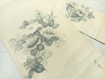 平和屋着物◎九寸名古屋帯　作家物　手描き　草花文　正絹　逸品　AABF9749uk