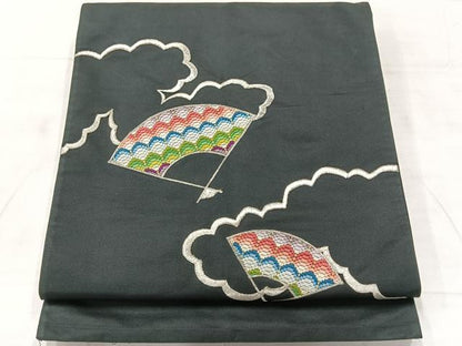 平和屋着物◎太鼓柄袋帯 刺繍 雲取り扇面文 黒地 金銀糸 正絹 逸品 AABF9761uk