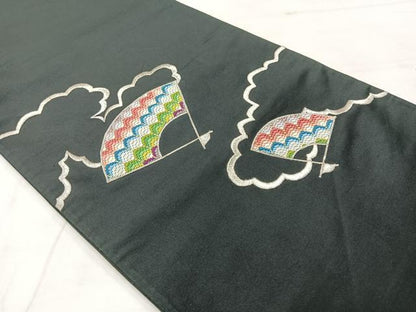 平和屋着物◎太鼓柄袋帯 刺繍 雲取り扇面文 黒地 金銀糸 正絹 逸品 AABF9761uk