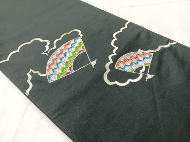 平和屋着物◎太鼓柄袋帯 刺繍 雲取り扇面文 黒地 金銀糸 正絹 逸品 AABF9761uk