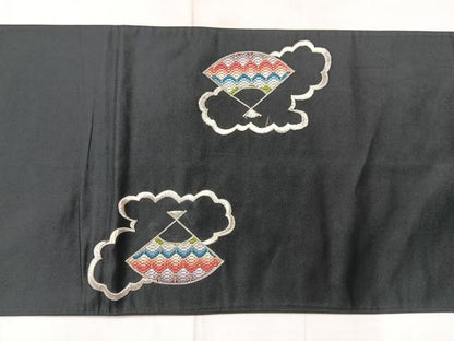 平和屋着物◎太鼓柄袋帯 刺繍 雲取り扇面文 黒地 金銀糸 正絹 逸品 AABF9761uk
