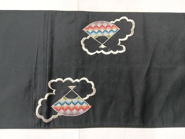 平和屋着物◎太鼓柄袋帯 刺繍 雲取り扇面文 黒地 金銀糸 正絹 逸品 AABF9761uk