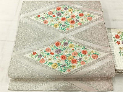 平和屋着物◎九寸名古屋帯　刺繍　花菱文　銀糸　正絹　逸品　AABF9762uk