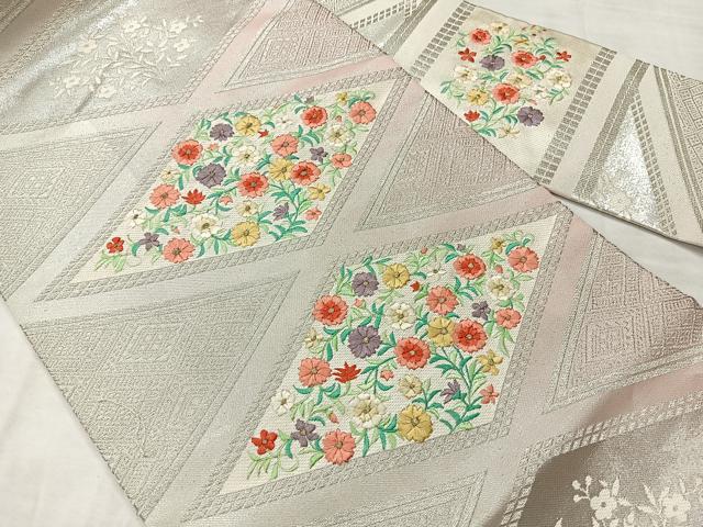 平和屋着物◎九寸名古屋帯　刺繍　花菱文　銀糸　正絹　逸品　AABF9762uk
