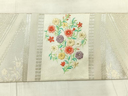 平和屋着物◎九寸名古屋帯　刺繍　花菱文　銀糸　正絹　逸品　AABF9762uk