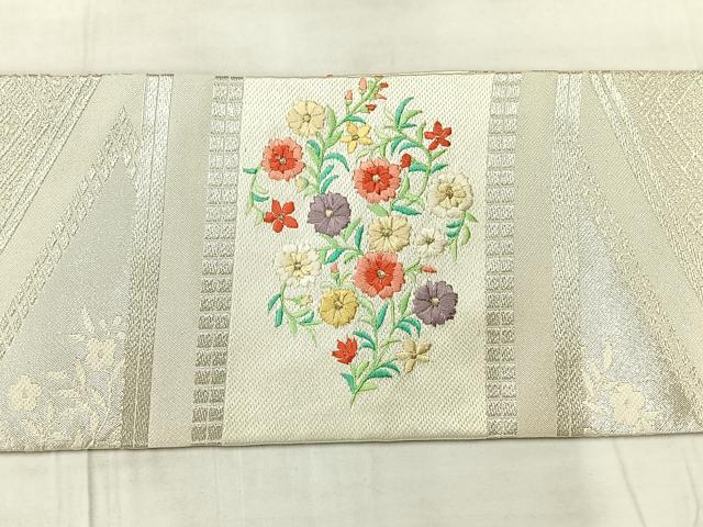 平和屋着物◎九寸名古屋帯　刺繍　花菱文　銀糸　正絹　逸品　AABF9762uk