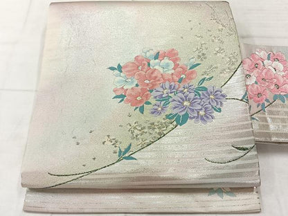 平和屋着物◎九寸名古屋帯　草花文　金銀糸　正絹　逸品　AABF9767uk