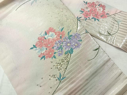 平和屋着物◎九寸名古屋帯　草花文　金銀糸　正絹　逸品　AABF9767uk