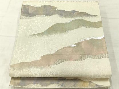 平和屋着物◎六通柄袋帯　道長文　銀糸　正絹　逸品　AABF9774uk