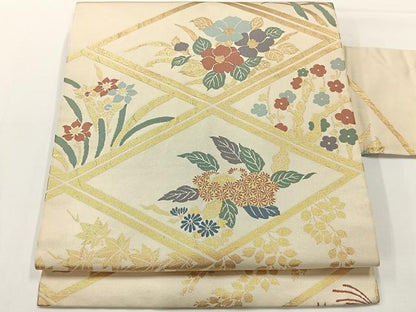 平和屋着物◎九寸名古屋帯　草花文　金糸　正絹　逸品　AABF9778uk