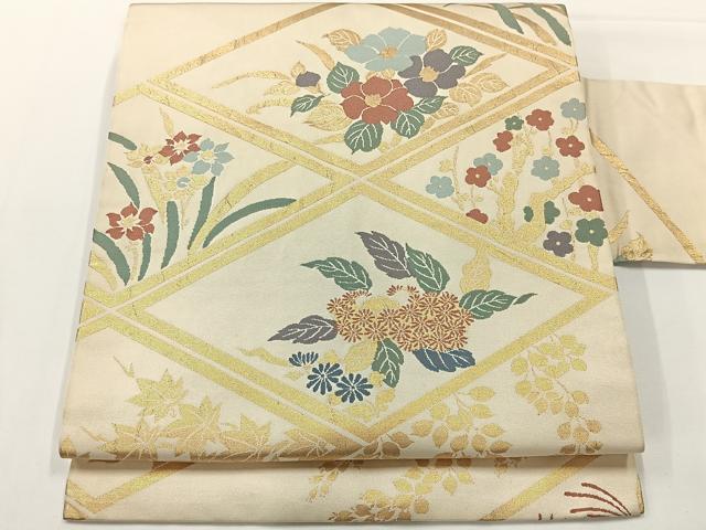平和屋着物◎九寸名古屋帯　草花文　金糸　正絹　逸品　AABF9778uk