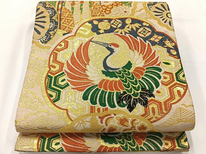 平和屋着物◎アンティーク　大正ロマン　丸帯　飛鶴花文　金糸　正絹　逸品　AABF9792uk