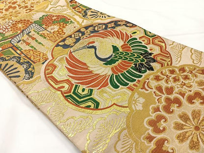 平和屋着物◎アンティーク　大正ロマン　丸帯　飛鶴花文　金糸　正絹　逸品　AABF9792uk