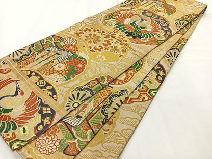 平和屋着物◎アンティーク　大正ロマン　丸帯　飛鶴花文　金糸　正絹　逸品　AABF9792uk