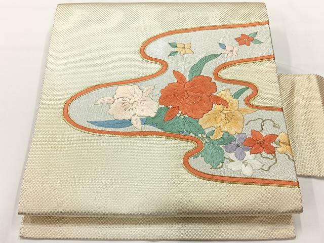 平和屋着物◎九寸名古屋帯　総刺繍　駒刺繍　道長花文　金銀糸　正絹　逸品　AABF9796uk