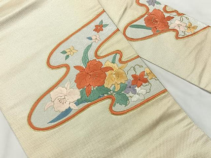 平和屋着物◎九寸名古屋帯　総刺繍　駒刺繍　道長花文　金銀糸　正絹　逸品　AABF9796uk