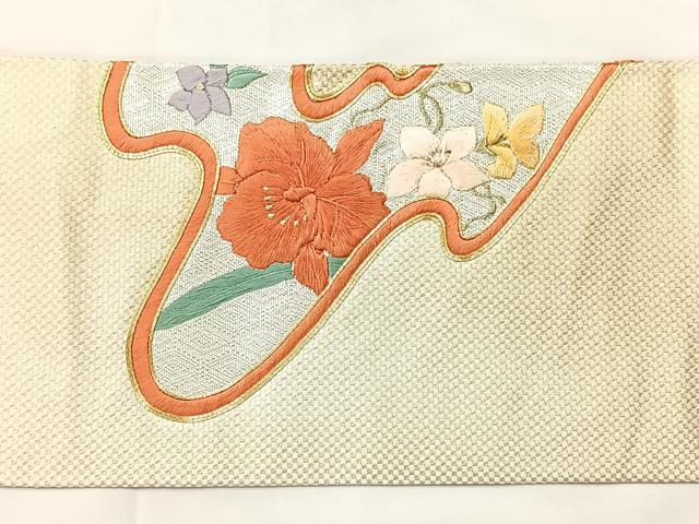平和屋着物◎九寸名古屋帯　総刺繍　駒刺繍　道長花文　金銀糸　正絹　逸品　AABF9796uk