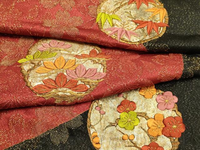 平和屋本店●和装小物　帯締め・帯揚げセット　振袖用　刺繍　花丸文　金銀糸　金通し地　正絹　逸品　未使用品あり　AABF9934ay