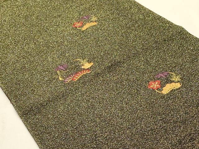 平和屋本店●和装小物　帯締め・帯揚げセット　刺繍　松竹梅丸文　金糸　金通し地　リバーシブル　逸品　未使用　AABF9948ay