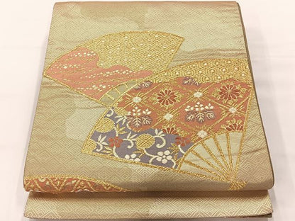 平和屋着物◎六通柄袋帯 唐織 扇面花文 金糸 正絹 逸品 AABG0021uk