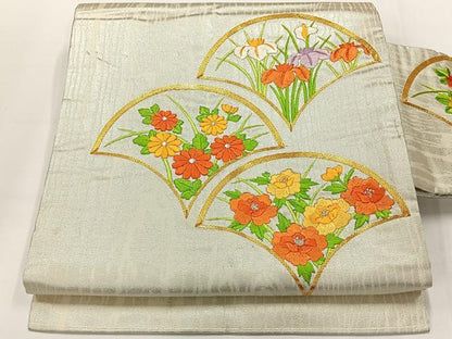 平和屋着物◎九寸名古屋帯 駒刺繍 草花文 金銀糸 正絹 逸品 AABG0023uk