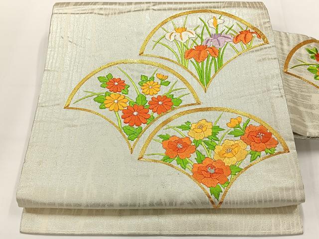 平和屋着物◎九寸名古屋帯 駒刺繍 草花文 金銀糸 正絹 逸品 AABG0023uk